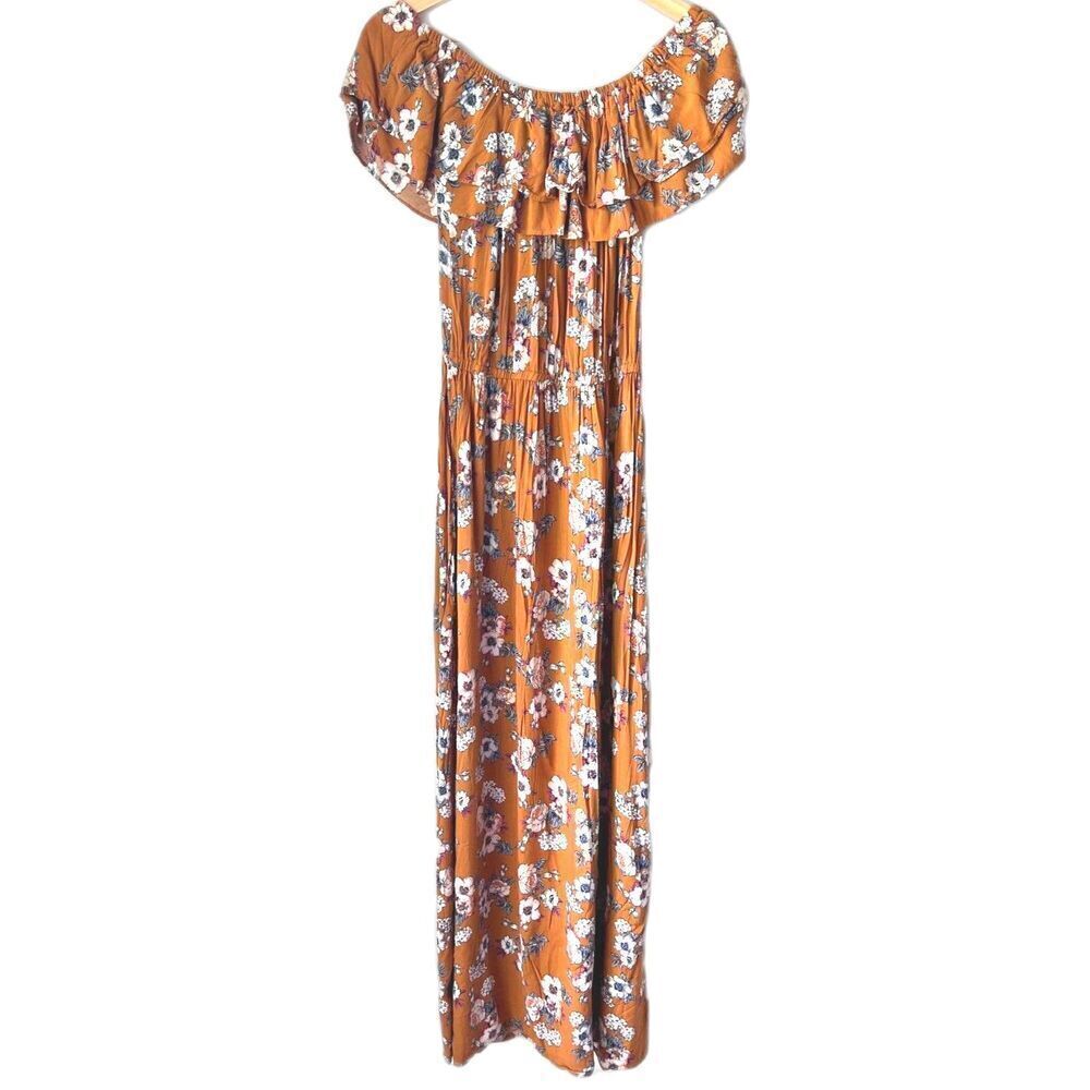 Candalite Dress romantic floral maxi off the shoulder ruffled fresh yellow XL.